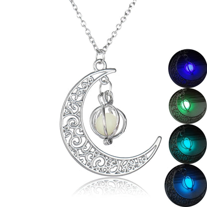 Luminous Crescent Moon Necklace with Glowing Orb Pendant