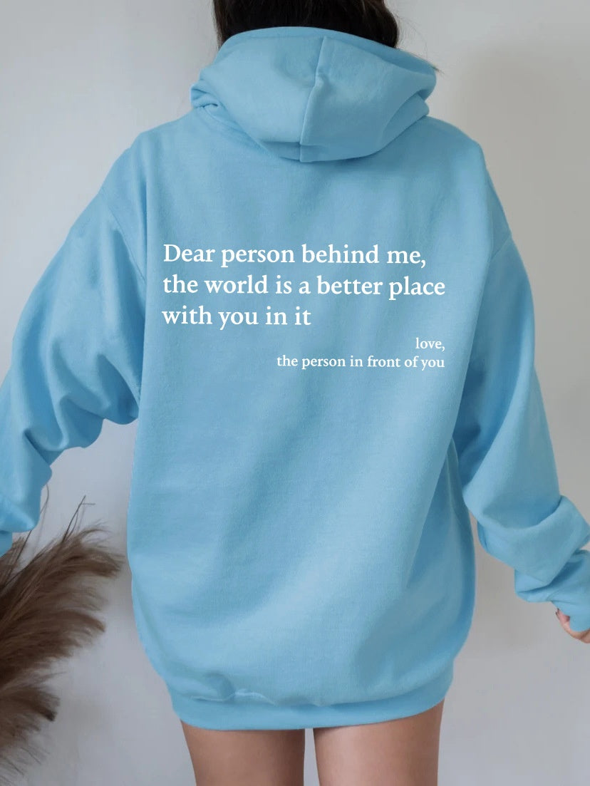 Inspirational hoodie in blue colour on a model