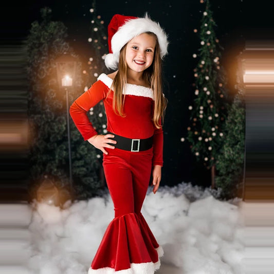 Girls' Santa-Inspired Christmas Outfit - Red Velvet Bell-Bottom Set