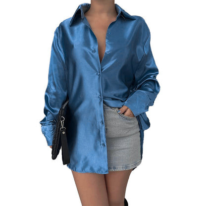 Graceful slim-fit satin shirt in European and American style, glossy finish.