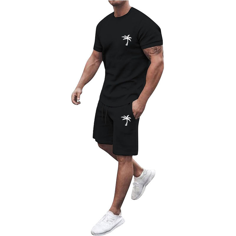 Men's Summer Two-Piece Set with Palm Tree Print - T-Shirt and Shorts