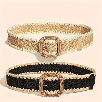 Featured are two European and American style elastic belts, one in beige and the other in black, highlighting the detailed craftsmanship of straw weaving. Both belts boast scalloped edges and large, round wooden buckles with PP grass texture. The buckle designs are similar, offering a subtle contrast with the belt colors.