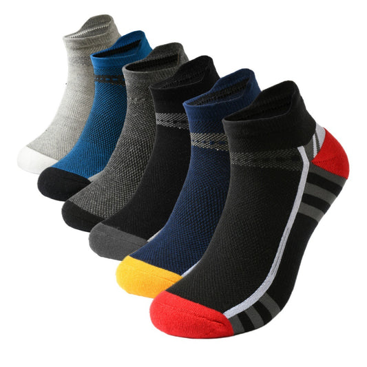 A row of six pairs of Zendrop Men's Sports And Leisure Deodorant And Breathable Running Socks in various colors and patterns. From left to right: gray with white toe, blue with black heel and toe, black with gray heel and toe, navy with black heel and toe, black with yellow heel and toe, black with red heel and toe.