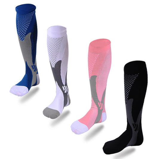 Four pairs of Zendrop's Outdoor Sports Magic Compression Stretch Socks are displayed in a row. These nylon sports socks come in a variety of colors, including blue, white, pink, and black. Each pair features contrasting mesh and solid color patterns with stylish gray or white sections.