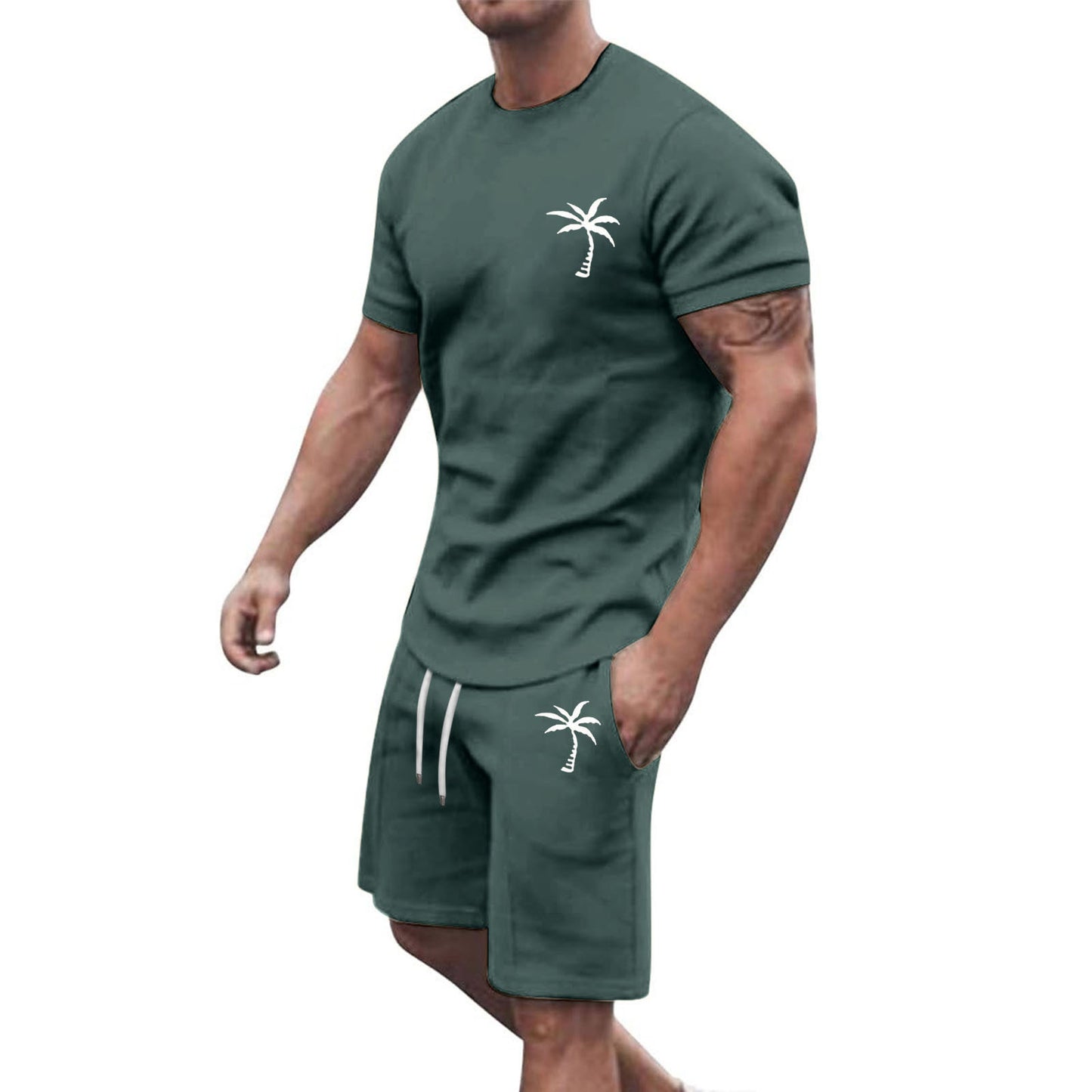 Men's Summer Two-Piece Set with Palm Tree Print - T-Shirt and Shorts