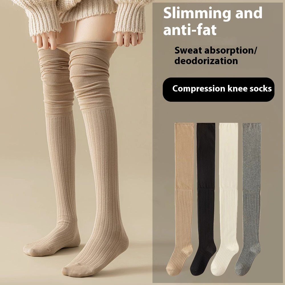 A person is shown wearing the Zendrop beige over-the-knee Bunching Knee Socks Winter Antislip. These Japanese-style socks are available in four colors: beige, black, white, and gray. Text reads, "Slimming and anti-fatigue features, with sweat absorption, deodorization, and non-slip compression.