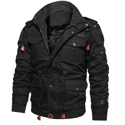 The Men's Warm Tactical Winter Jacket is a durable and water-resistant black jacket, featuring multiple pockets, shoulder epaulettes, and a high collar. It includes button and zipper closures with leather accents on the pockets and cuffs, and it is lined for added warmth.