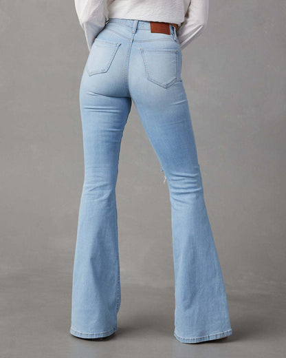 Light blue high-waisted wide-leg jeans back view