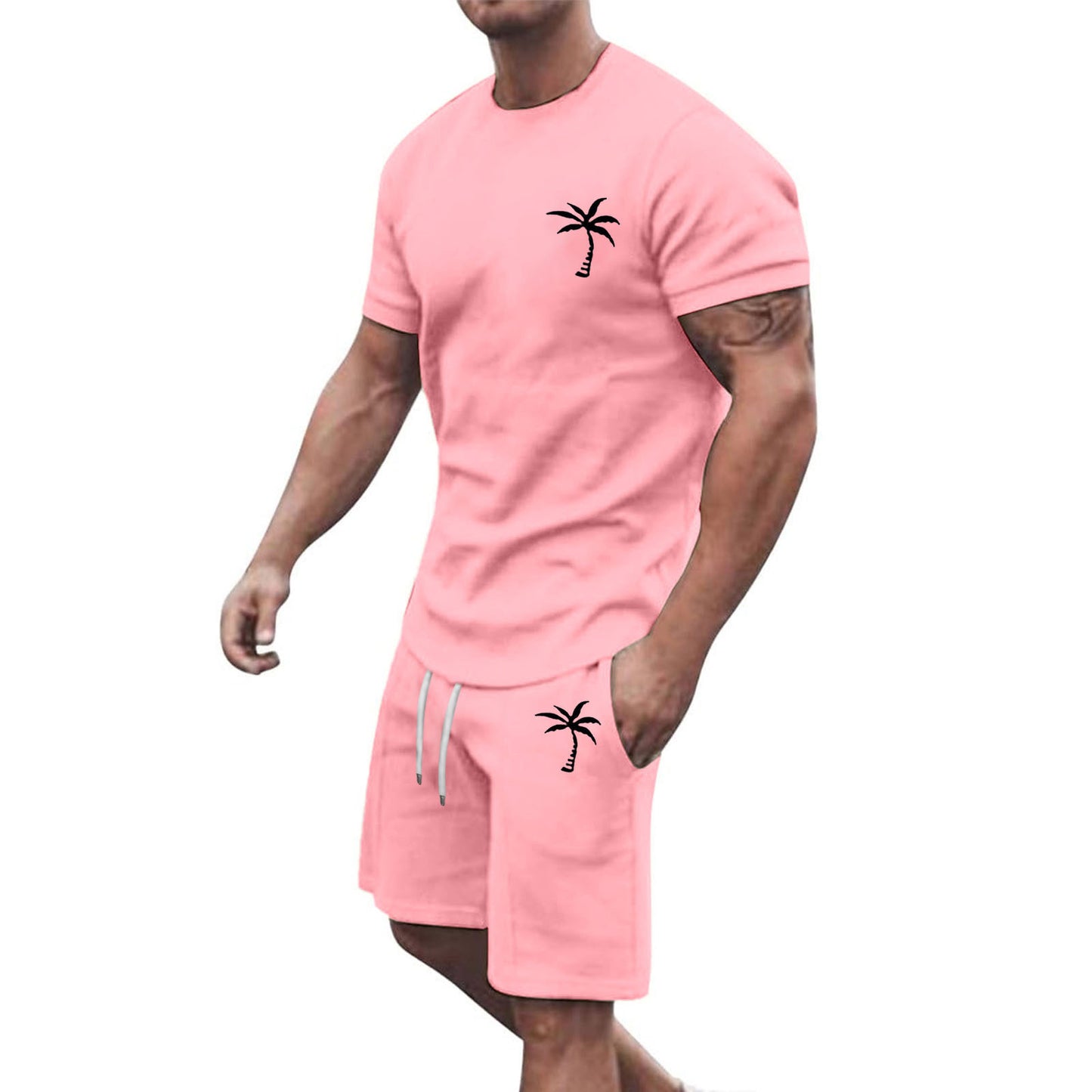 Men's Summer Two-Piece Set with Palm Tree Print - T-Shirt and Shorts