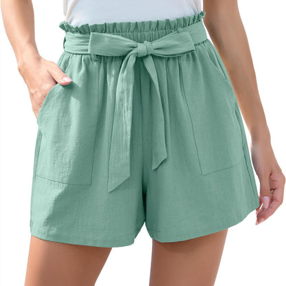 Women's High-Waisted Tie-Belt Casual Shorts with Pockets