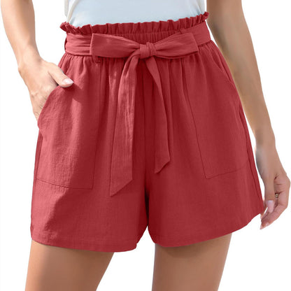 Women's High-Waisted Tie-Belt Casual Shorts with Pockets