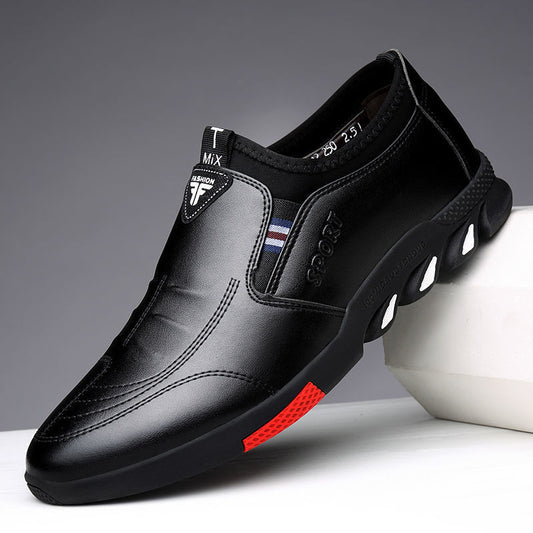 Introducing the Men's New Leather Business Shoes by CJ'S, a sleek black athletic shoe for men with red accents. This modern design, part of the spring 2021 footwear collection, features "SPORT" embossed on the side panel and a "FASHION" logo on the tongue. Crafted from PU material, these shoes boast a predominantly black sole with stylish white and red details on the sides.