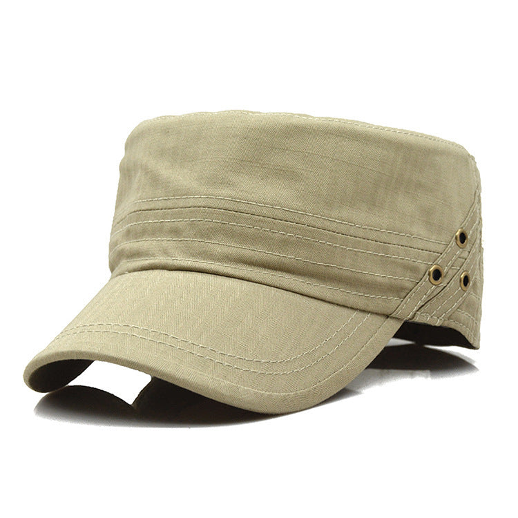 The Zendrop Spring And Summer Flat-top Cap features a beige design with subtle stitched details and small metal eyelets on the side. It boasts a short, curved brim and a structured crown, rendering it a classic yet casual accessory in versatile Korean style for both men and women.