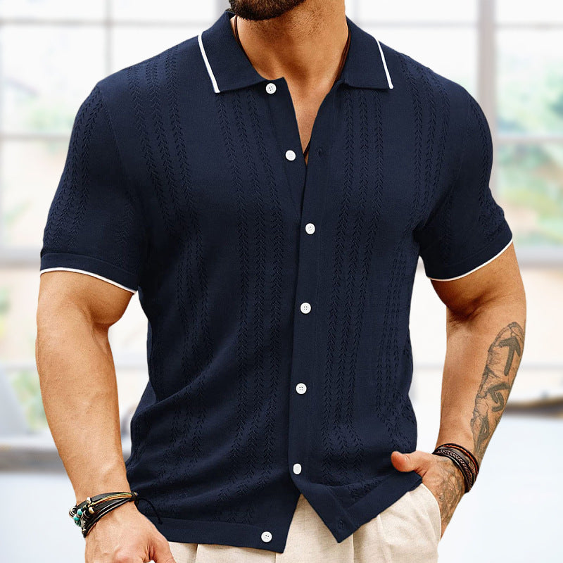 Men's Short Sleeve Knitted Polo Shirt with Button-Up Front