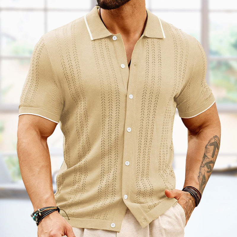 Men's Short Sleeve Knitted Polo Shirt with Button-Up Front