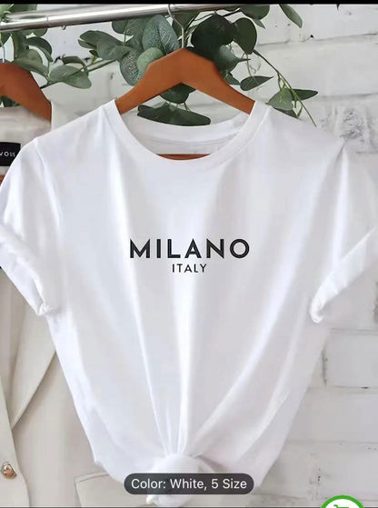 Close-up of MILANO ITALY print on white round neck T-shirt